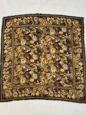 Vintage Club 7 Echo Floral Scarf Fringe Edge Brown Gold Green Square Scarf